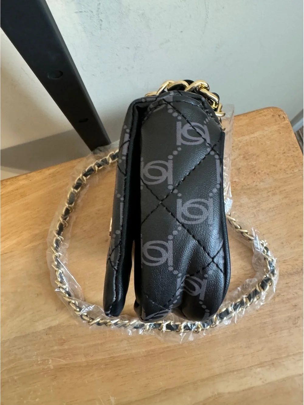 Bebe Quilted Logo Crossbody Bag with Gold Chain Strap